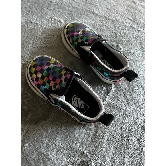 Vans Slip-On Shoes Girls Size 6 Iridescent/Black Checkerboard US Toddler - Picture 7 of 11